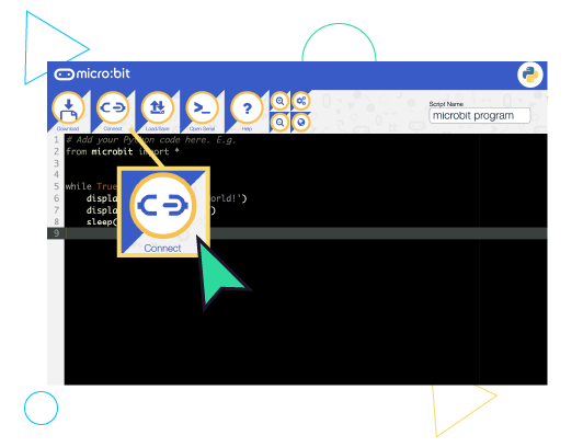 Click connect in the upper menu bar - then select your micro:bit and click "Connect"