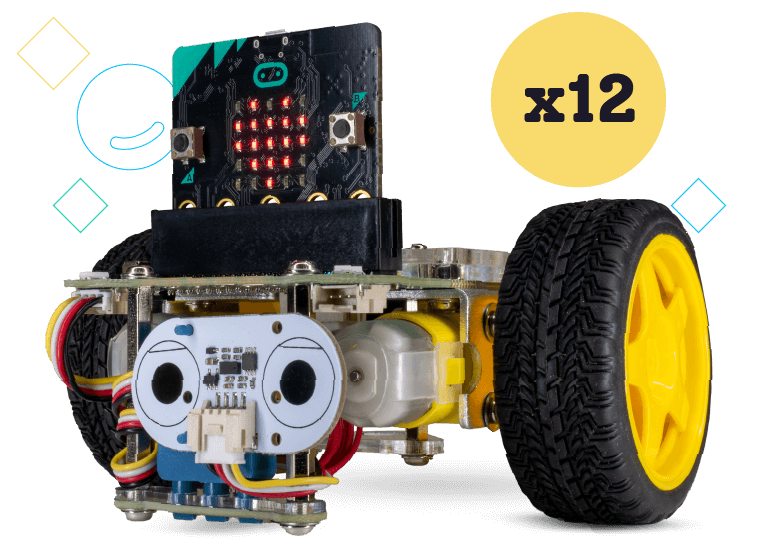 GiggleBot for Classrooms includes 12 GiggleBot starter, micro:bit, Distance Sensor, and sensor mount