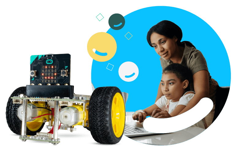 Mother and daughter coding with GiggleBot micro:bit robot.